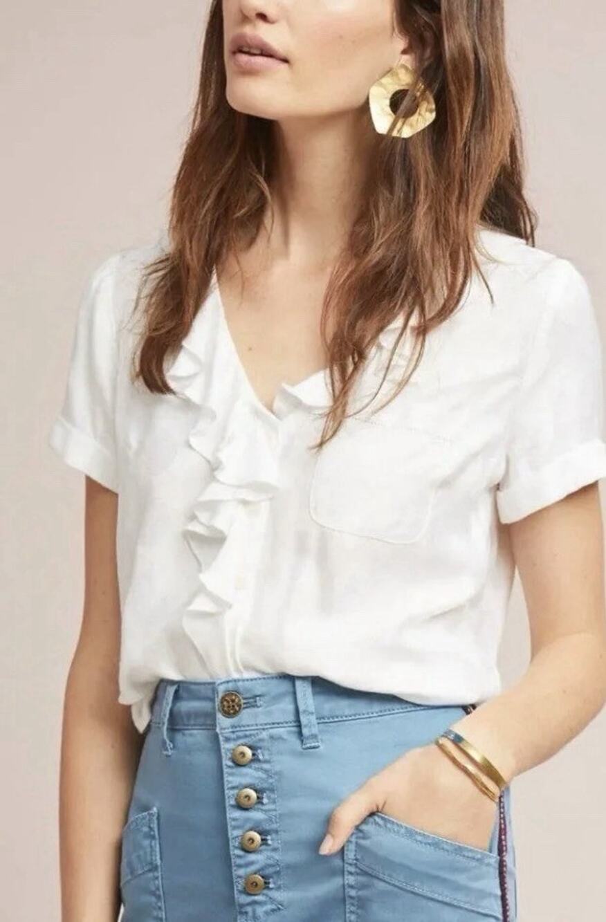Maeve White Polka Dot Ruffle Button Front V-Neck Short Sleeve Blouse XS